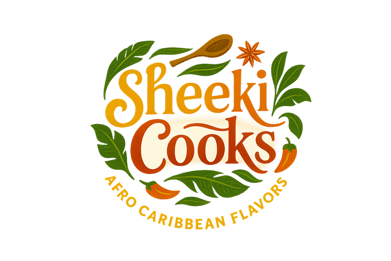 create me a logo with Sheeki cooks and Afro Caribbean flavors intertwined 